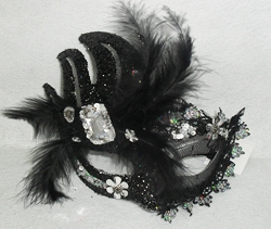 Mask With Feather,Diamante & Lace Trim (Black Only)